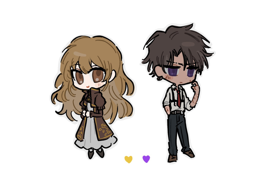 1boy 1girl ascot blush_stickers brown_dress brown_eyes brown_hair catherine_(project_moon) chibi commentary curly_hair dark-skinned_male dark_skin dress frilled_dress frilled_sleeves frills full_body hand_in_pocket heart heathcliff_(project_moon) highres limbus_company long_hair necktie orange_hair own_hands_together parted_lips project_moon red_necktie scar scar_on_arm scratching_cheek short_hair slugrab smile symbol-only_commentary violet_eyes white_background