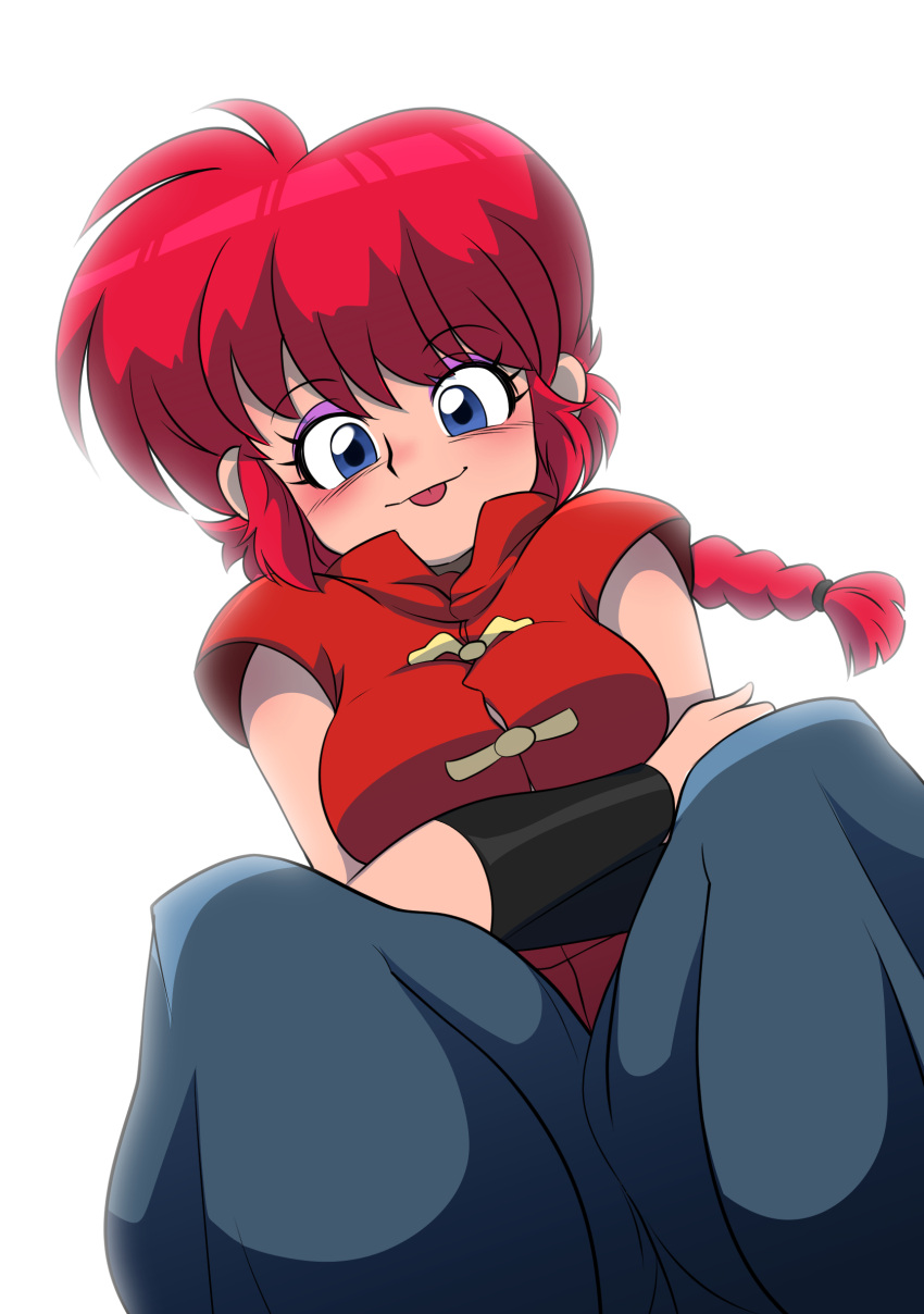 1girl blue_eyes blush braid braided_ponytail chinese_clothes crossed_arms hamdyartzone highres looking_at_viewer ranma-chan ranma_1/2 redhead shadow simple_background sitting solo tongue tongue_out white_background