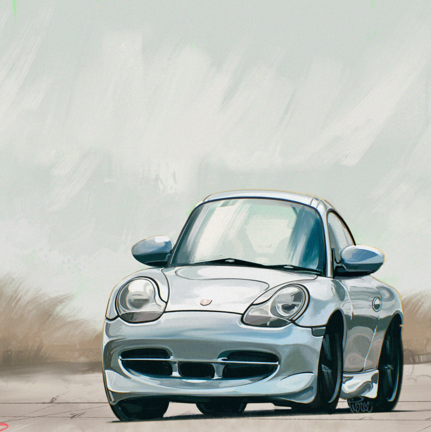 artist_name car chibi clouds english_commentary highres motor_vehicle no_humans original porsche porsche_911 porsche_996 shadow sky sports_car vehicle_focus will_pierce