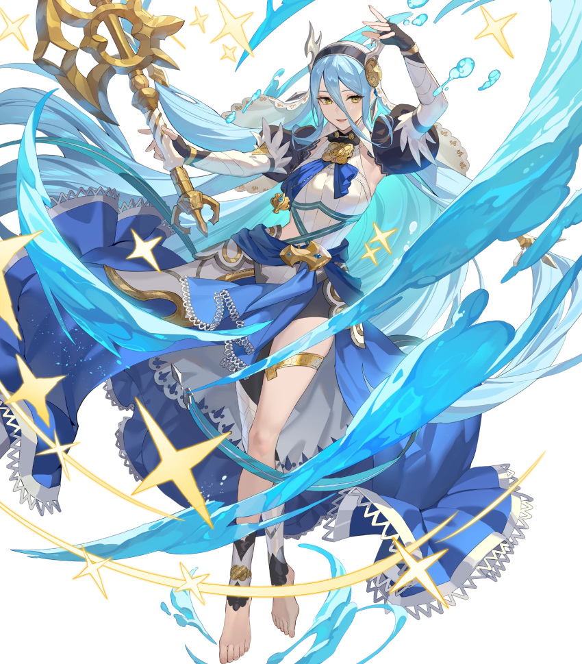 1girl axe azura_(fire_emblem) azura_(song's_reflection)_(fire_emblem) barefoot black_gloves blue_cape blue_hair blue_sash cape corrin_(female)_(fire_emblem) corrin_(female)_(fire_emblem)_(cosplay) corrin_(fire_emblem) cosplay dancing dragon_horns fake_horns fingerless_gloves fire_emblem fire_emblem_fates fire_emblem_heroes gloves headdress highres holding holding_axe horns lace-trimmed_cape long_hair non-web_source official_alternate_costume official_art open_mouth sash single_leg_pantyhose smile solo thighlet very_long_hair waist_cape water yellow_eyes