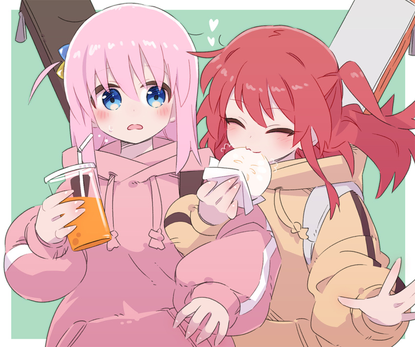 2girls baozi blue_eyes blush bocchi_the_rock! closed_eyes cup disposable_cup drawstring drinking_straw eating food gotoh_hitori green_background guitar_case hair_ornament heart holding holding_cup holding_food hood hood_down hoodie instrument_case kita_ikuyo locked_arms long_hair long_sleeves looking_at_viewer multiple_girls one_side_up open_mouth outside_border picogames_off pink_hair pink_hoodie redhead single_vertical_stripe upper_body