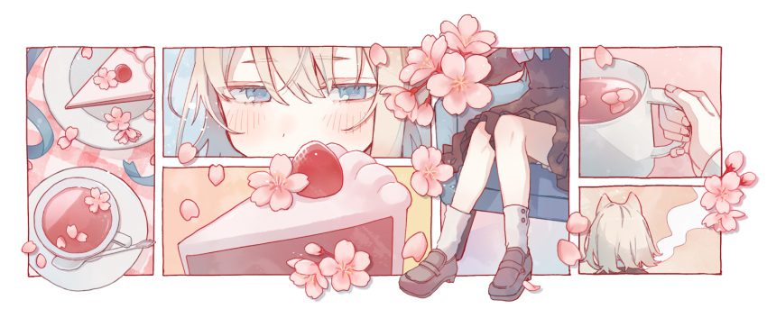1girl armchair black_dress blue_eyes blue_ribbon blush border cake cake_slice chair cherry_blossoms collage cup dress falling_petals food fruit grey_hair grey_socks half-closed_eyes holding holding_cup indie_virtual_youtuber light_particles loafers long_sleeves mug multiple_views on_chair outside_border petals petals_on_liquid ribbon sayonaka_(vtuber) sayonaka_megumo shoes short_dress sitting sleeve_cuffs socks steam strawberry tablecloth unworn_ribbon virtual_youtuber white_border