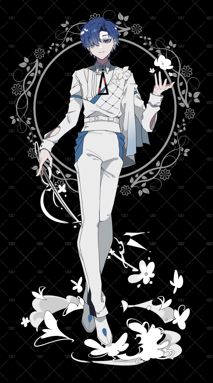 1boy absurdres alka bishounen black_background blue_eyes blue_hair closed_mouth collared_shirt commentary_request crossed_ankles flower full_body hair_over_one_eye highres kaito_(vocaloid) long_sleeves male_focus pants parted_bangs pokemon project_voltage shirt short_hair smile solo standing vocaloid white_flower white_footwear white_pants
