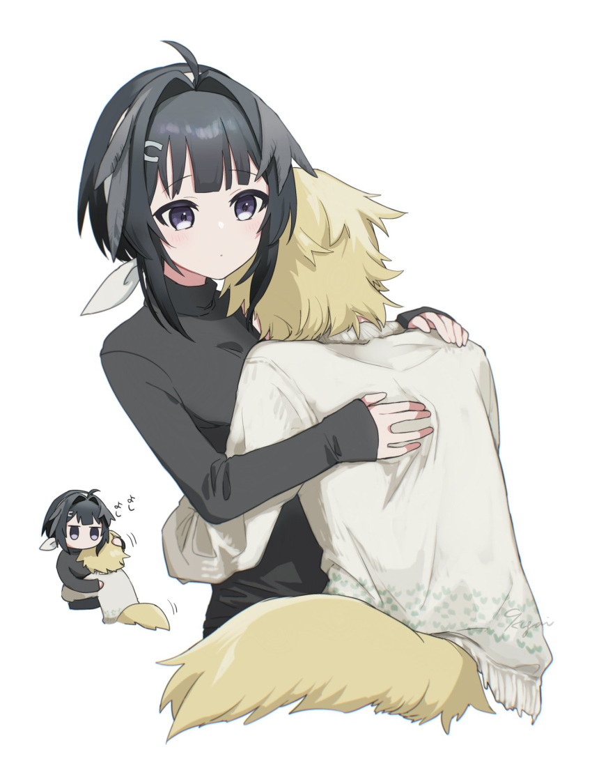 1boy 1girl 9kugai ahoge alternate_costume animal_ears arknights bird_girl black_hair black_shirt blonde_hair brother_and_sister commentary_request cropped_torso dog_boy dog_ears dog_tail expressionless facing_viewer hair_intakes hair_ornament hairband hairclip hand_on_another's_back hand_on_another's_head hand_on_another's_shoulder highres hug inset la_pluma_(arknights) parted_lips shirt siblings signature simple_background step-siblings tail tequila_(arknights) turtleneck violet_eyes white_background white_hairband white_shirt