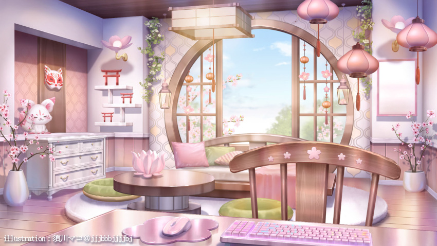 architecture artist_name branch cherry_blossoms clouds couch cushion day drawer east_asian_architecture flower fox_mask highres indie_virtual_youtuber indoors kagura_ura keyboard_(computer) lamp lantern mask mirror mouse_(computer) mousepad_(object) no_humans official_art open_window paper_lantern pink_flower plant potted_plant round_window rug scenery shelf shouji sliding_doors stuffed_fox sugawa_mako table tassel themed_object torii unworn_mask vase vines wall_lamp window wooden_chair wooden_floor