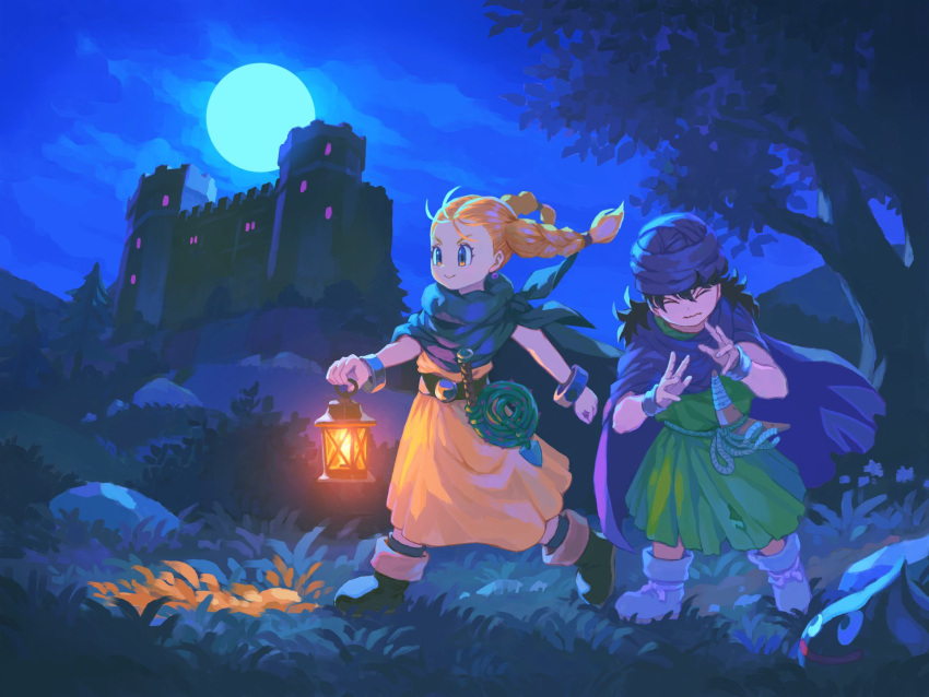 1boy 1girl aged_down belt bianca_(dq5) black_hair blonde_hair boomerang boots bracelet braid cape castle child cloak closed_eyes closed_mouth clouds cloudy_sky commentary_request dragon_quest dragon_quest_v dress earrings full_body grass green_cape green_cloak green_socks hair_pulled_back hero_(dq5) highres holding holding_lantern jewelry lantern long_hair mountainous_horizon naritate_zombie night night_sky open_hands orange_dress outdoors purple_cape purple_cloak rock rope_belt sky slime_(dragon_quest) smile socks standing tree twin_braids walking whip