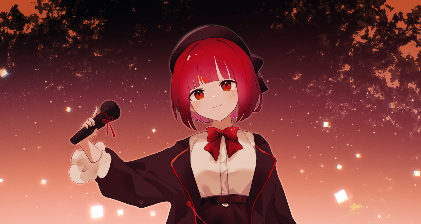 1girl absurdres akirarec arima_kana black_hat black_skirt blush bow bowtie brown_background closed_mouth hat highres holding holding_microphone jacket microphone open_clothes open_jacket oshi_no_ko red_bow red_bowtie red_eyes redhead shirt shirt_tucked_in short_hair skirt smile solo upper_body white_shirt