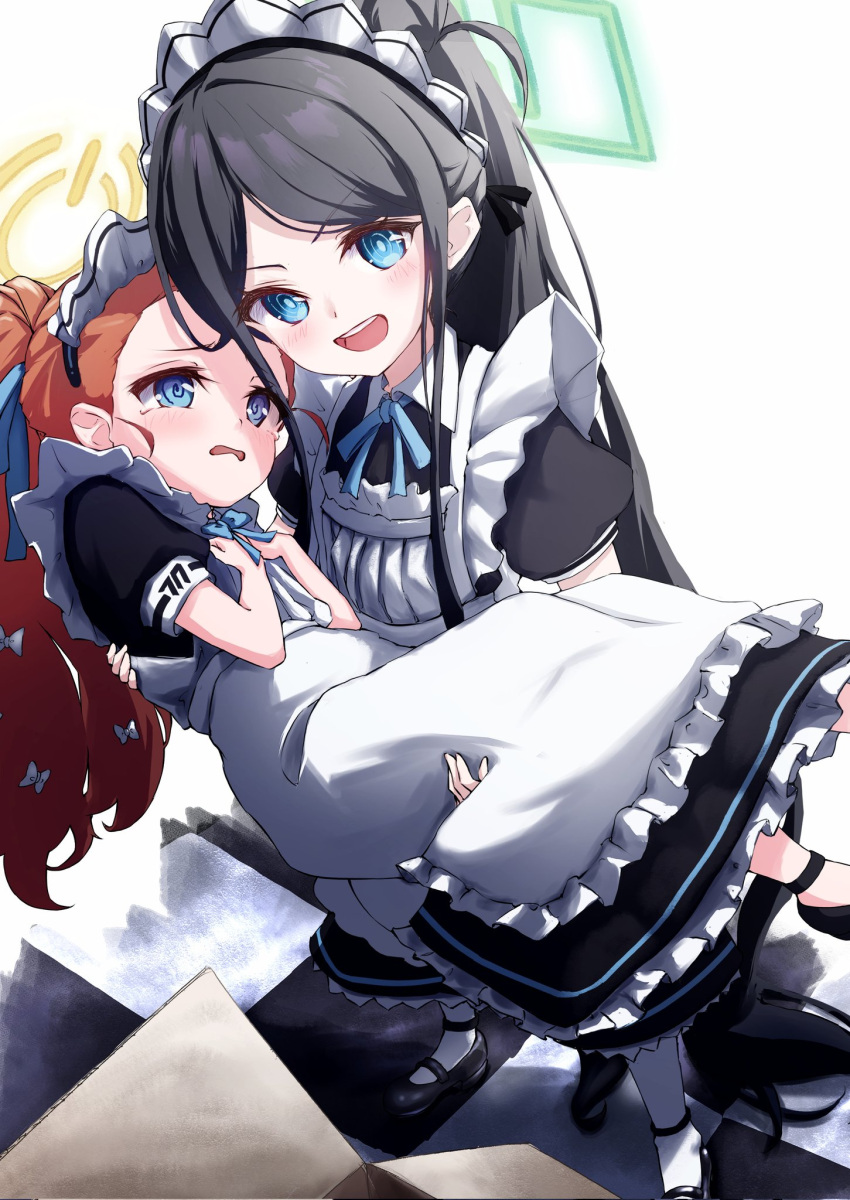 2girls @_@ absurdly_long_hair apron aris_(blue_archive) aris_(maid)_(blue_archive) black_dress black_footwear black_hair blue_archive blue_eyes blush dress frilled_apron frills green_halo halo highres long_hair maid_apron meluwow multiple_girls open_mouth pantyhose redhead ringed_eyes shoes short_sleeves simple_background smile very_long_hair white_apron white_background white_pantyhose yellow_halo yuzu_(blue_archive) yuzu_(maid)_(blue_archive)