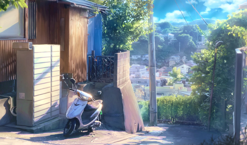 blue_sky clouds day fence highres house motor_vehicle motorcycle no_humans original outdoors power_lines road rural scenery sky soraciel sunlight sweater_vest town
