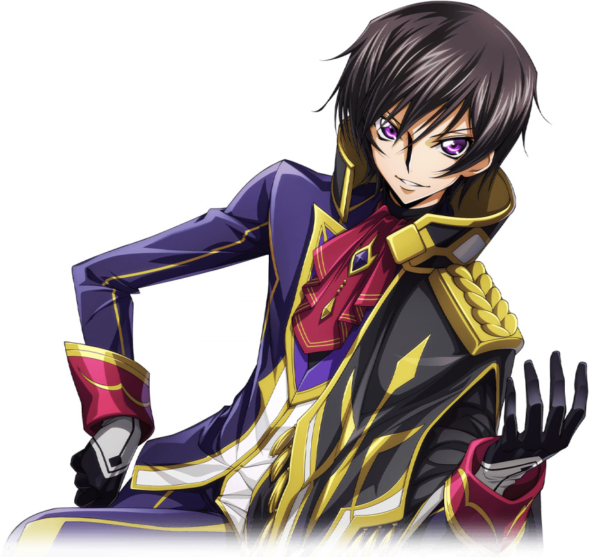 1boy artist_request ascot black_gloves black_hair blue_jacket blue_pants brooch code_geass code_geass:_lost_stories cropped_legs crossed_legs dutch_angle epaulettes game_cg gem gloves gold_border hair_between_eyes hand_up happy jacket jewelry lelouch_vi_britannia looking_at_viewer male_focus no_headwear non-web_source official_art pants parted_lips purple_gemstone red_ascot short_hair sidelocks simple_background sitting smile solo tassel teeth transparent_background v-shaped_eyebrows violet_eyes zero_(code_geass)