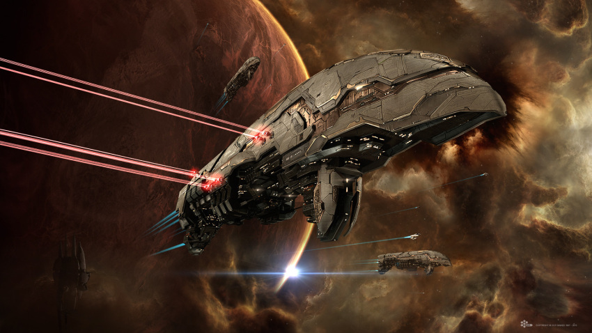 3d amarr_empire_(eve_online) apocalypse_(eve_online) attack_ship_(eve_online) battleship_(eve_online) birgirpall brown_background brown_theme building cannon clouds commentary company_name dated drone energy energy_beam energy_cannon eve_online firing fleet flying glowing highres in_orbit laser laser_cannon logo medium_drone_(eve_online) military_vehicle nebula no_humans official_art outdoors photoshop_(medium) planet realistic scenery science_fiction sky space space_station spacecraft star_(sky) starfighter starry_background starry_sky turret vehicle_focus