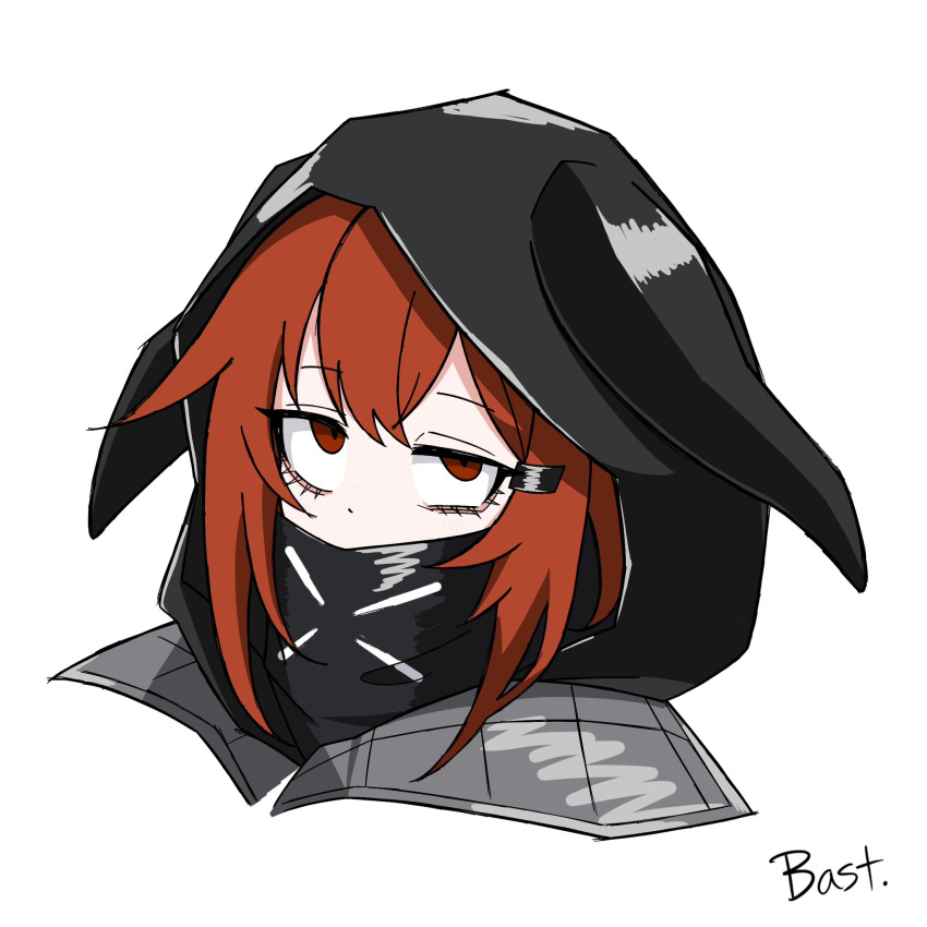 1girl animal_ears animal_hood arknights bastetris commentary covered_mouth crownslayer_(arknights) fake_animal_ears hair_between_eyes highres hood hood_up looking_at_viewer portrait red_eyes redhead signature simple_background solo white_background