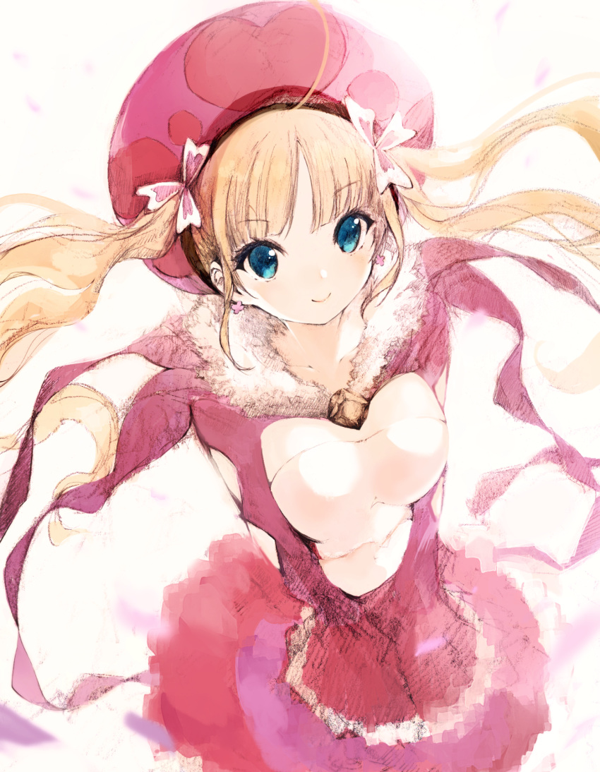 1girl blonde_hair blue_eyes breasts dress galleria_no_chika_meikyuu_to_majo_no_ryodan hat highres kakuwashi long_hair looking_at_viewer medium_breasts own_hands_together pink_hat simple_background sleeves_past_fingers sleeves_past_wrists smile solo theatrical_star twintails white_background