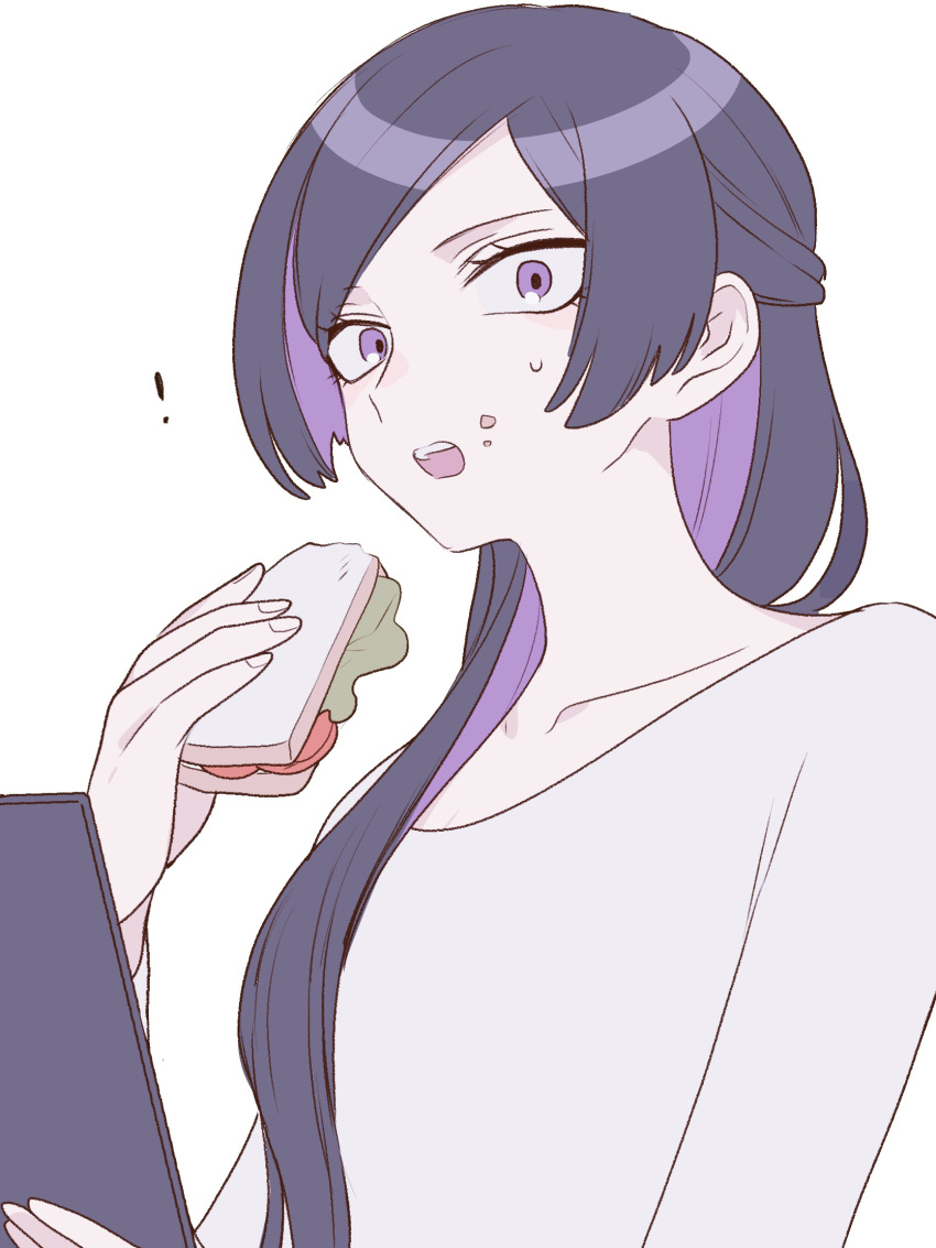 ! 1girl colored_inner_hair eating food food_on_face hair_over_shoulder half_updo highres holding holding_food long_sleeves looking_at_viewer maco22 multicolored_hair open_mouth original purple_hair sandwich solo violet_eyes