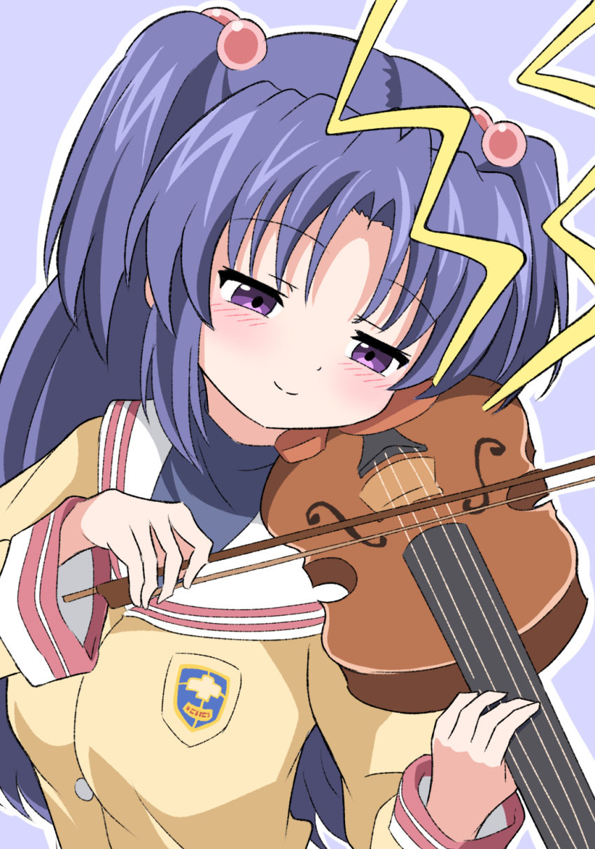 1girl blazer blue_background blue_hair blush bow_(music) clannad closed_mouth commentary hair_bobbles hair_ornament half-closed_eyes hands_up happy head_tilt highres hikarizaka_private_high_school_uniform holding holding_bow_(music) holding_instrument ichinose_kotomi instrument jacket long_hair long_sleeves looking_down music playing_instrument sailor_collar school_uniform serafuku silky_(silky_illust) simple_background smile solo split_mouth two_side_up upper_body violet_eyes violin white_sailor_collar yellow_jacket