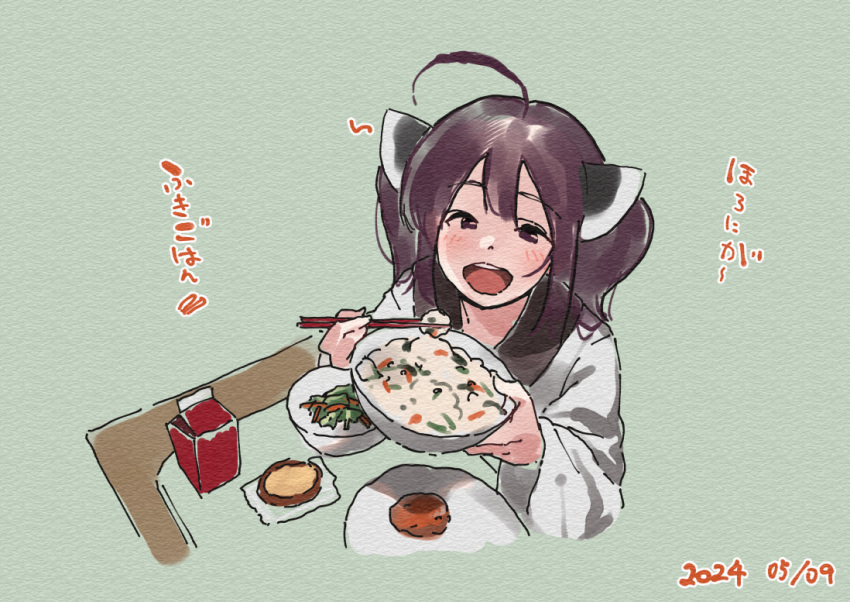 1girl :d ahoge bowl brown_eyes brown_hair chopsticks dated food food_request from_above green_background hair_between_eyes headgear holding holding_bowl holding_chopsticks japanese_clothes kimono lamb_(hitsujiniku) long_sleeves looking_at_viewer looking_up plate smile solo table touhoku_kiritan translation_request twintails upper_body voiceroid white_kimono wide_sleeves