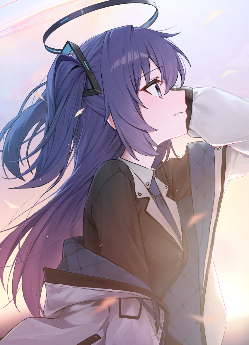 1girl absurdres black_jacket blazer blue_archive blue_necktie blush breasts from_side gnns halo highres jacket jacket_partially_removed long_hair long_sleeves looking_ahead necktie outdoors profile purple_hair small_breasts solo sunset tagme two-sided_fabric two-sided_jacket two_side_up upper_body very_long_hair yuuka_(blue_archive)