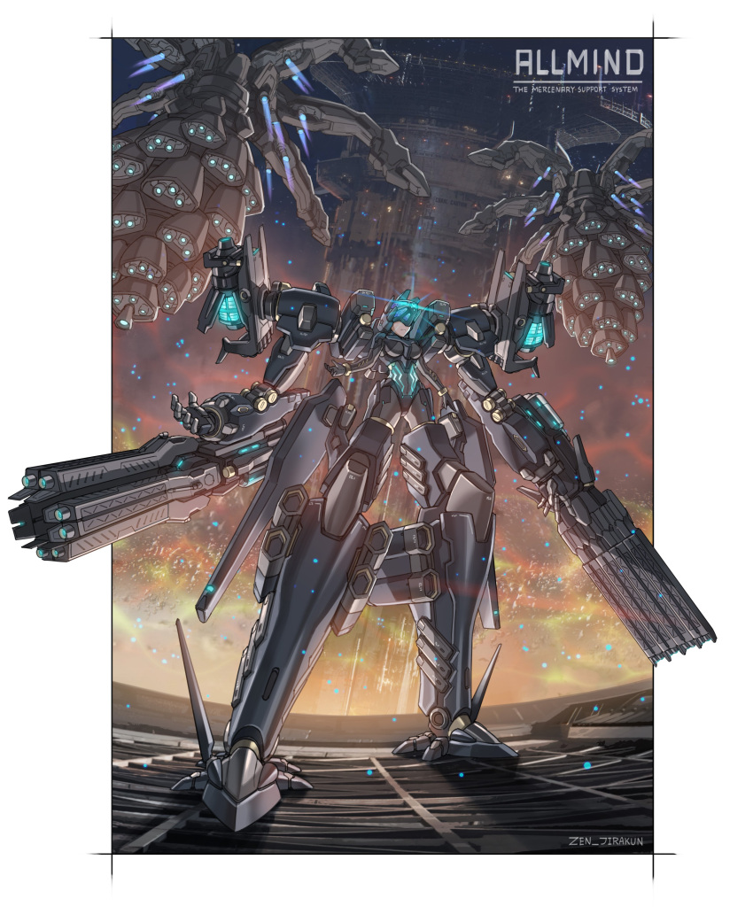 1girl absurdres allmind_(armored_core_6) arm_cannon armored_core armored_core_6 bodysuit breasts extra_arms full_body head-mounted_display highres joints mecha_musume mechanical_arms medium_breasts missile_pod neon_trim personification robot_joints solo standing thrusters weapon zen_(jirakun)