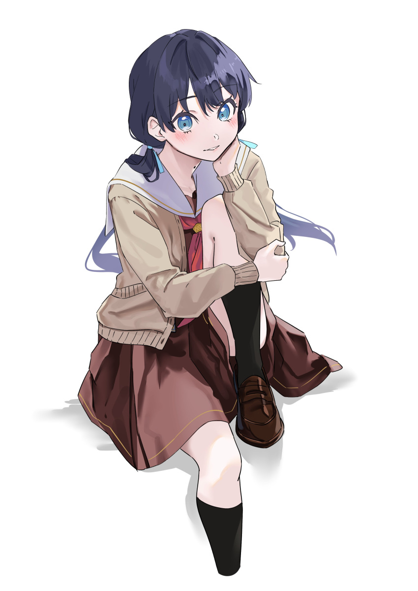 1girl absurdres black_socks blue_eyes blue_hair brown_cardigan brown_dress brown_footwear cardigan closed_mouth commentary_request dress hasu_no_sora_school_uniform head_rest highres leg_up link!_like!_love_live! loafers long_hair long_sleeves looking_at_viewer love_live! mole mole_on_neck murano_sayaka neckerchief open_cardigan open_clothes red_neckerchief repurika sailor_collar school_uniform shoes sitting socks solo twintails upper_body virtual_youtuber white_background white_sailor_collar winter_uniform
