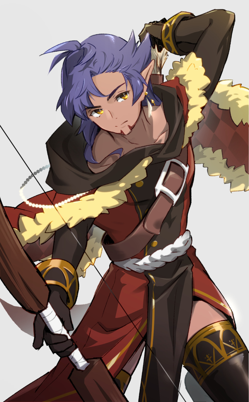 1boy alternate_costume arrow_(projectile) beads bow_(weapon) buttons closed_mouth coat collarbone commentary_request dark-skinned_male dark_skin earrings facial_hair grey_background highres holding holding_bow_(weapon) holding_weapon jewelry leon_(pokemon) male_focus pointy_ears pokemon pokemon_swsh quiver solo strap thigh-highs weapon yellow_eyes yunoru