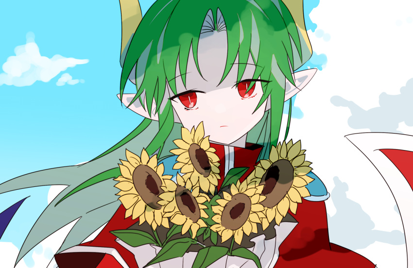 1boy blue_sky bouquet bright_pupils chocoduyou closed_mouth clouds cloudy_sky coat day demon_boy demon_horns flower frown green_hair highres holding holding_bouquet horns long_hair looking_to_the_side male_focus pale_skin parted_bangs pointy_ears puyopuyo red_coat red_eyes satan_(puyopuyo) sideways_glance sky slit_pupils solo sunflower white_pupils yellow_flower
