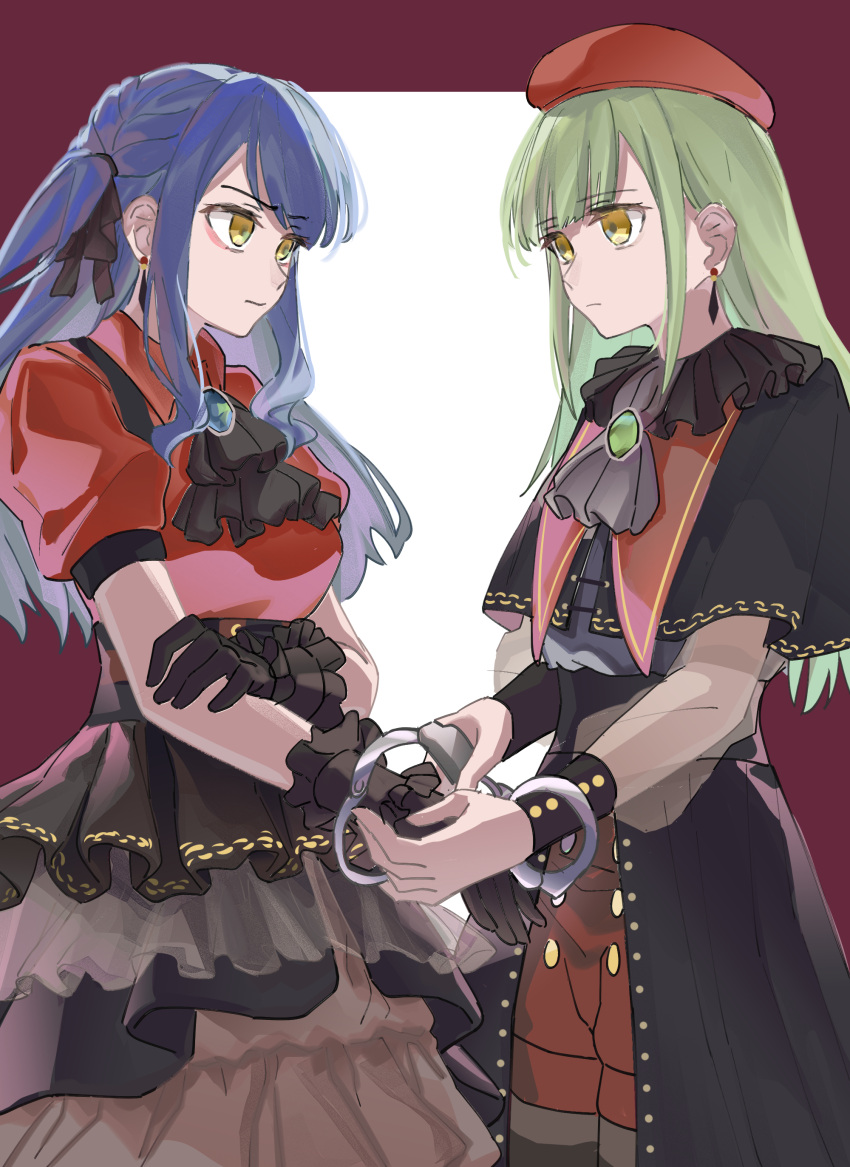 2girls absurdres ascot bang_dream! bang_dream!_it's_mygo!!!!! black_ascot black_capelet black_gloves black_ribbon black_skirt blue_hair capelet closed_mouth commentary_request cowboy_shot cuffs deep_dig earrings gloves green_hair grey_ascot hair_ribbon hand_on_own_arm handcuffs highres jewelry multiple_girls red_background red_hat red_shirt red_shorts ribbon shared_handcuffs shirt short_sleeves shorts skirt togawa_sakiko two-tone_background two_side_up wakaba_mutsumi white_background wristband yellow_eyes