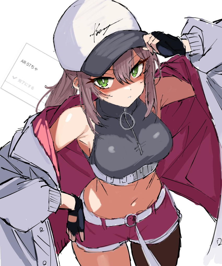 1girl absurdres ar-57_(girls'_frontline) armpits asymmetrical_legwear breasts cowboy_shot crop_top fingerless_gloves girls_frontline gloves green_eyes hand_on_headwear hand_on_own_hip hat highres jacket navel open_clothes open_jacket r_scrubed solo tank_top