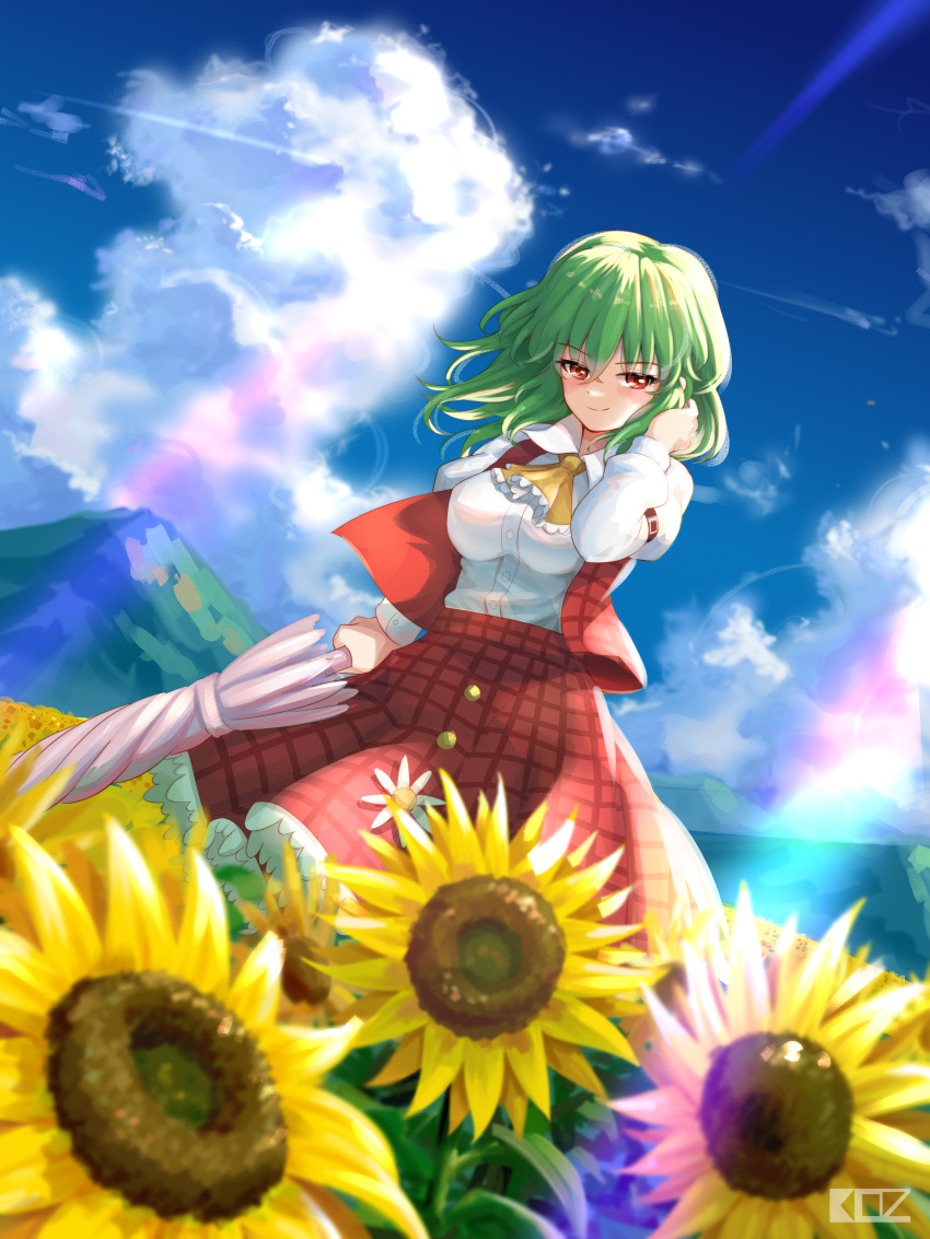 1girl absurdres blue_sky clouds commentary dated_commentary edz_drawz field flower flower_field green_hair hand_in_own_hair highres kazami_yuuka long_sleeves looking_at_viewer medium_hair mountainous_horizon outdoors pink_umbrella red_eyes sky solo sunflower touhou umbrella