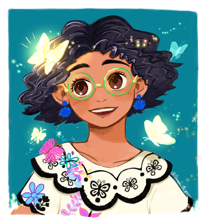 1girl absurdres brown_hair bug butterfly curly_hair dark-skinned_female dark-skinned_male dark_skin dragonf1y earrings encanto glasses green-framed_eyewear highres jewelry mirabel_madrigal shirt simple_background smile thick_eyebrows