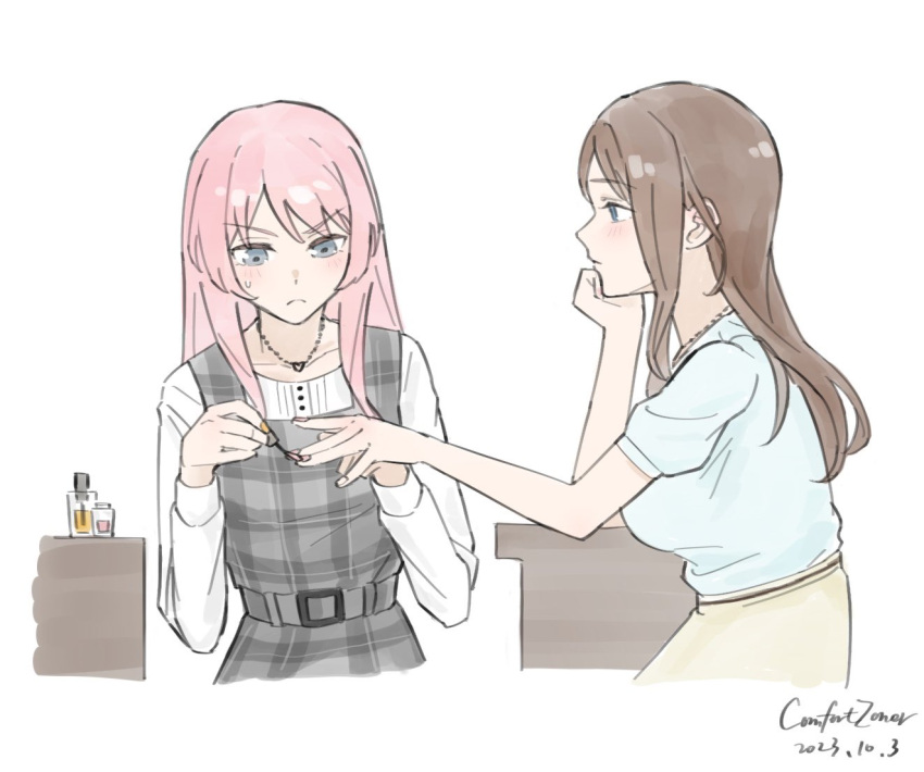 2girls applying_makeup artist_name bang_dream! bang_dream!_it's_mygo!!!!! belt blue_eyes blue_shirt brown_hair brown_skirt chihaya_anon chinese_commentary closed_mouth collarbone comfort_zoner commentary_request cropped_torso dated dress grey_belt grey_dress grey_eyes head_rest jewelry light_blush long_hair long_sleeves multiple_girls nagasaki_soyo nail_polish nail_polish_bottle nail_polish_brush necklace pinafore_dress pink_hair pink_nails plaid plaid_dress puffy_short_sleeves puffy_sleeves shirt short_sleeves sidelocks simple_background skirt sleeveless sleeveless_dress sweatdrop upper_body variant_set white_background white_shirt yellow_nails