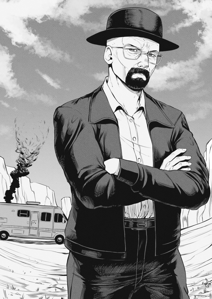 1boy absurdres breaking_bad clouds commentary crossed_arms facial_hair glasses goatee greyscale hat highres jacket male_focus mature_male monochrome pants rv signature smoke solo speedl00ver upper_body walter_white