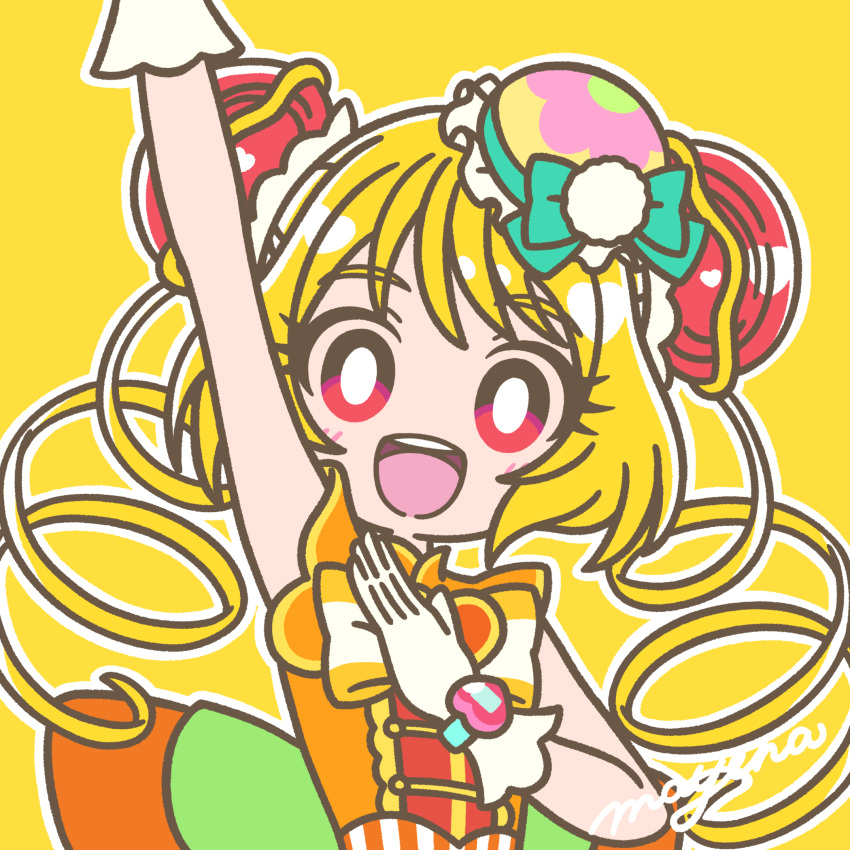 1girl :d blonde_hair bow bright_pupils brooch bun_cover cure_yum-yum delicious_party_precure double_bun drill_hair gloves green_bow hair_bun hanamichi_ran heart heart_brooch highres jewelry long_hair looking_at_viewer mayena orange_bow outline precure redhead sleeveless smile solo upper_body white_gloves white_outline white_pupils yellow_background yellow_bow