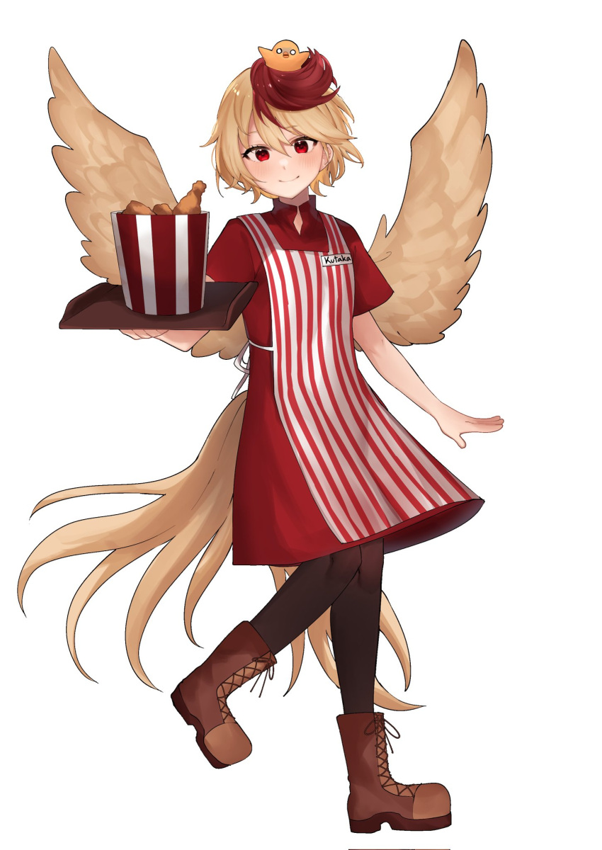 animal_on_head apron bird bird_on_head bird_tail bird_wings black_pantyhose blonde_hair brown_footwear bucket_of_chicken chicken_(food) closed_mouth commentary_request dress employee_uniform fast_food fast_food_uniform feathered_wings food fried_chicken highres holding holding_tray majime_joe niwatari_kutaka on_head pantyhose red_apron red_dress red_eyes redhead short_sleeves simple_background smile striped_apron striped_clothes tail tray uniform vertical-striped_apron vertical-striped_clothes white_apron white_background wings yellow_tail yellow_wings