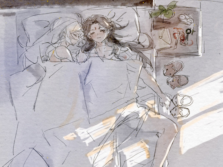 2girls blush brown_hair chinese_commentary closed_eyes commentary_request du_ruo_(path_to_nowhere) from_above highres letter long_hair lying multiple_girls on_back on_side pajamas parted_lips path_to_nowhere plant potted_plant sleeping slippers tooong4 under_covers unworn_eyewear white_hair yao_(path_to_nowhere) yuri