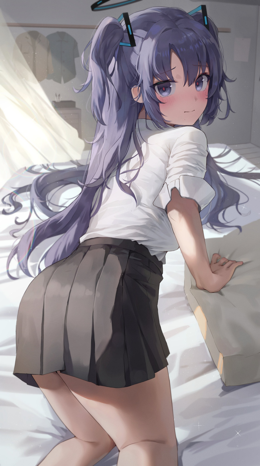 1girl absurdres bed bedroom black_skirt blue_archive blue_eyes blush closed_mouth curtains day halo highres looking_at_viewer mechanical_halo on_bed purple_hair shirt skirt solo two_side_up violet_eyes white_shirt yuuka_(blue_archive)