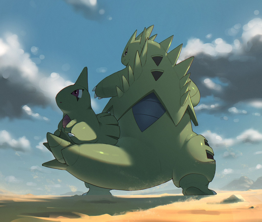 black_eyes blurry blurry_background carapace clouds colored_skin dorobo_93 evolutionary_line facial_mark from_behind green_skin highres larvitar looking_at_viewer looking_back nature outdoors pokemon pokemon_(creature) red_eyes sitting_on_tail tyranitar