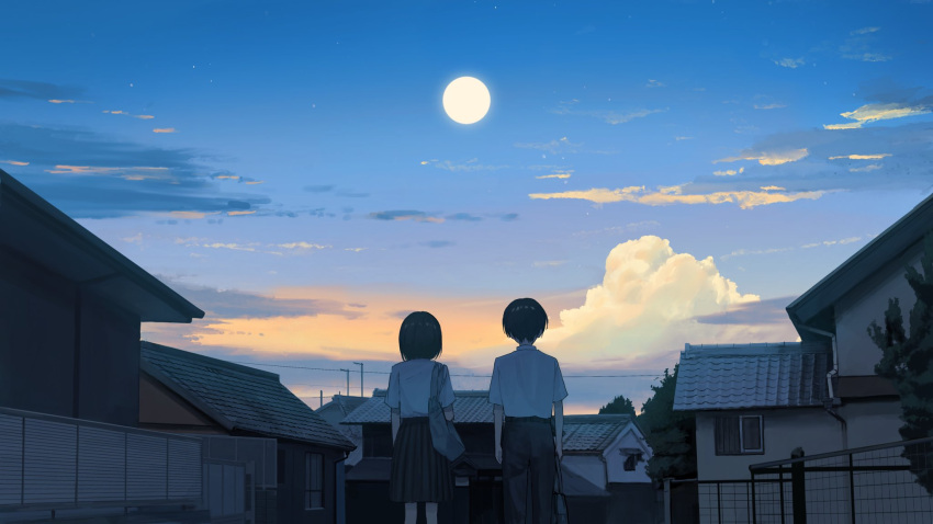 1boy 1girl arms_at_sides bag black_hair black_pants black_skirt blue_sky building clouds evening facing_away feet_out_of_frame fence from_behind full_moon highres house moon orange_sky original outdoors pants power_lines sakiika0513 scenery school_bag school_uniform shirt shirt_tucked_in short_hair short_sleeves skirt sky standing sunset town white_shirt