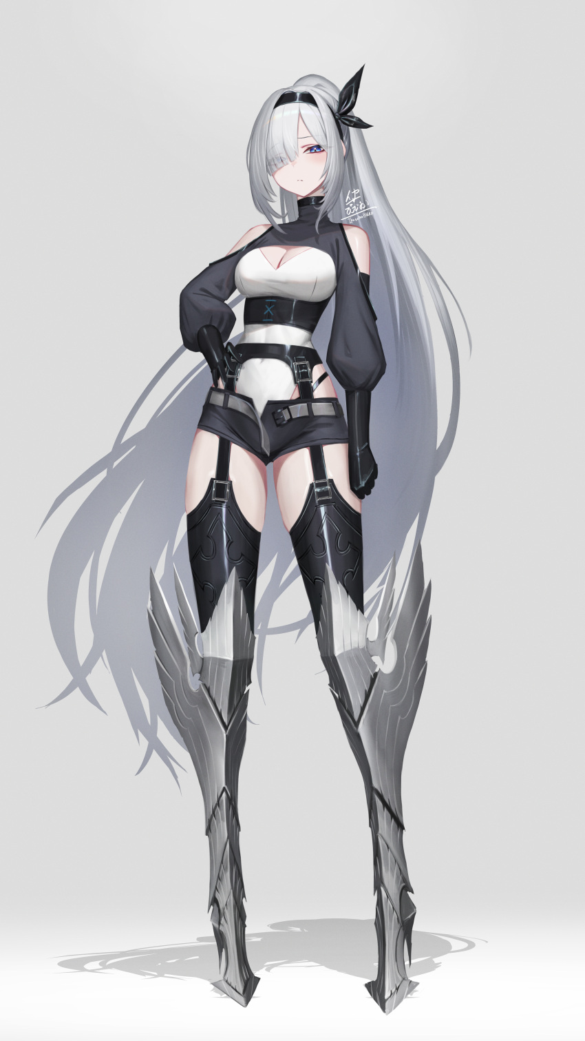 1girl absurdres armor armored_boots bare_shoulders black_gloves blue_eyes boots breasts clothing_cutout fantasy frown full_body garter_straps gloves gradient_background grey_background grey_hair hair_over_one_eye hair_ribbon hand_on_own_hip highres ikasamahideo long_hair medium_breasts original ribbon shadow shorts shoulder_cutout signature solo standing thigh-highs very_long_hair