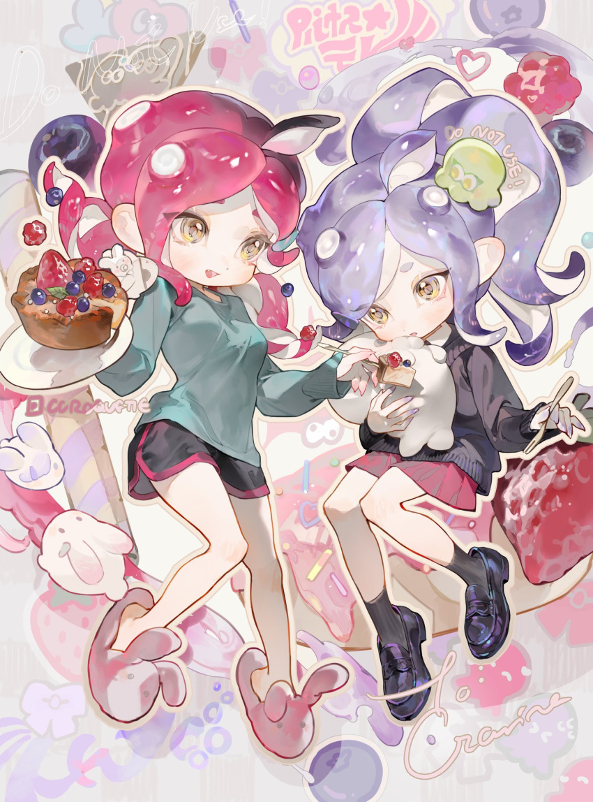 2girls :o ahoge animal_slippers ankle_socks black_footwear black_shorts black_socks blue_cardigan blue_shirt blueberry bunny_slippers cake cake_slice cardigan chinese_commentary collared_shirt commentary_request commission curly_hair dolphin_shorts doughnut fang feeding food fork fruit full_body high_ponytail highres holding holding_fork holding_plate holding_stuffed_toy loafers long_hair long_sleeves multiple_girls octoling octoling_girl octoling_player_character open_mouth outline pink_footwear pink_hair pink_skirt pink_trim plate pleated_skirt purple_hair rabbit school_uniform shirt shoes shorts skirt slippers socks splatoon_(series) strawberry stuffed_animal stuffed_seal stuffed_toy suction_cups suzumi_(ccroquette) tentacle_hair third-party_source watermark white_shirt yellow_eyes yellow_outline