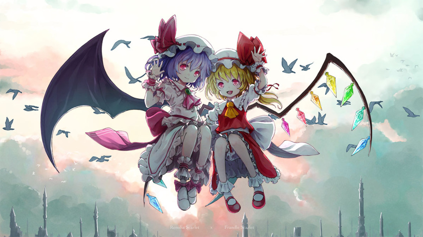 2girls ascot bat_wings bird clouds cloudy_sky crystal_wings dress flandre_scarlet flying frilled_dress frills hat hat_ribbon mary_janes multiple_girls open_mouth outdoors purple_hair red_eyes red_ribbon remilia_scarlet ribbon satyuas shoes short_hair siblings sky socks touhou twins waving_hands white_mob_cap wings wrist_cuffs yellow_ascot