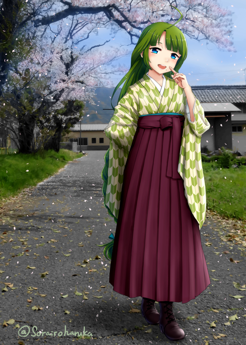 1girl absurdres ahoge alternate_costume blue_eyes blue_sky blunt_bangs boots braid brown_hakama cherry_blossoms clouds cross-laced_footwear day full_body green_hair green_kimono hakama highres japanese_clothes kantai_collection kimono lace-up_boots long_hair looking_at_viewer meiji_schoolgirl_uniform mole mole_under_mouth open_mouth outdoors single_braid sky smile solo sorairo_haruka tree very_long_hair yagasuri yuugumo_(kancolle)
