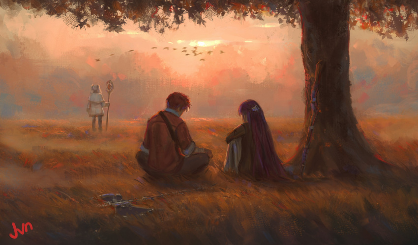 1boy 2girls absurdres bird black_robe butterfly_hair_ornament capelet clouds coat dress elf english_commentary fern_(sousou_no_frieren) frieren from_behind grass hair_ornament highres holding holding_staff jvndraws leaf mage_staff multiple_girls official_art pointy_ears purple_hair red_coat redhead robe scenery sitting sousou_no_frieren staff standing stark_(sousou_no_frieren) straight_hair strap tree twintails white_capelet white_dress white_hair