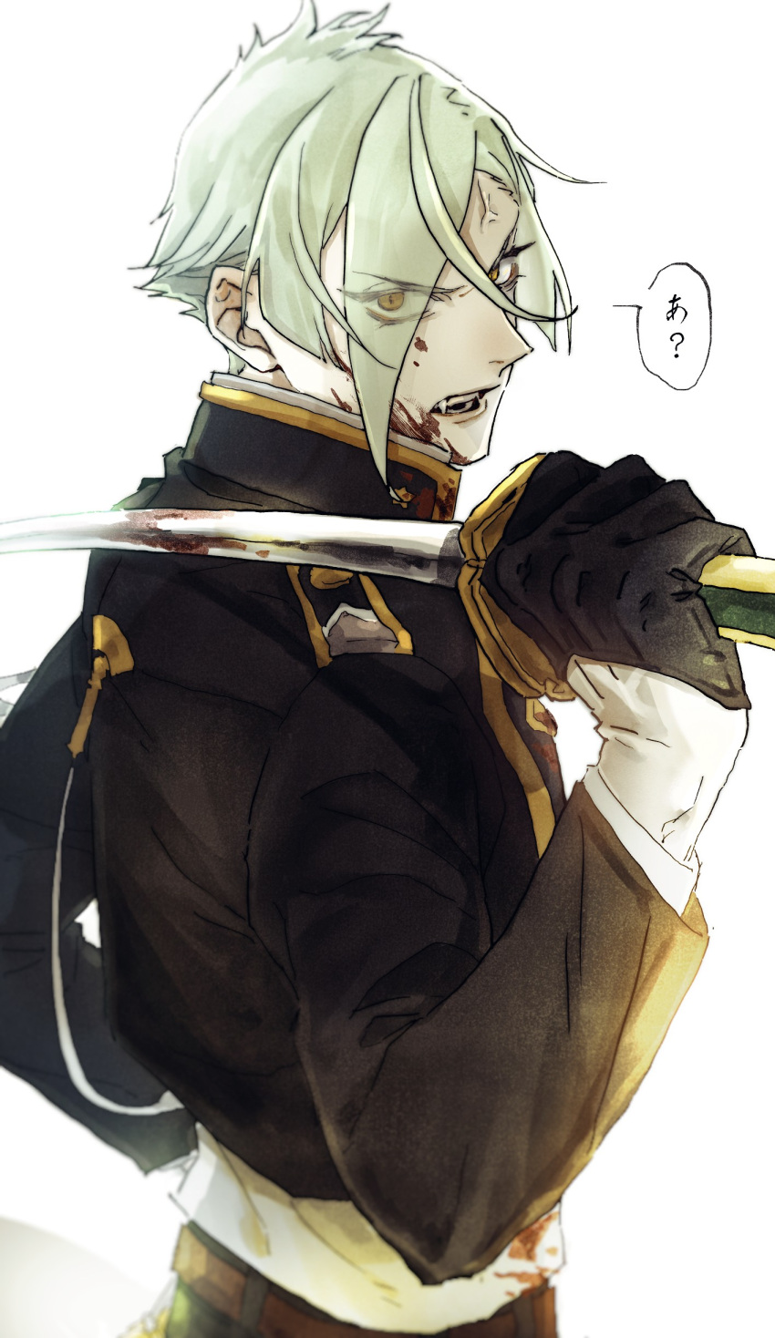 1boy absurdres black_gloves black_jacket blood blood_on_face collared_jacket collared_shirt cropped_jacket eyes_visible_through_hair fangs from_behind frown gloves green_hair hair_over_one_eye half_gloves highres hizamaru_(touken_ranbu) holding holding_sword holding_weapon jacket katana looking_at_viewer looking_back male_focus over_shoulder parted_lips seestern2669 shirt short_hair simple_background solo sword teeth touken_ranbu upper_body v-shaped_eyebrows weapon weapon_over_shoulder white_shirt yellow_eyes