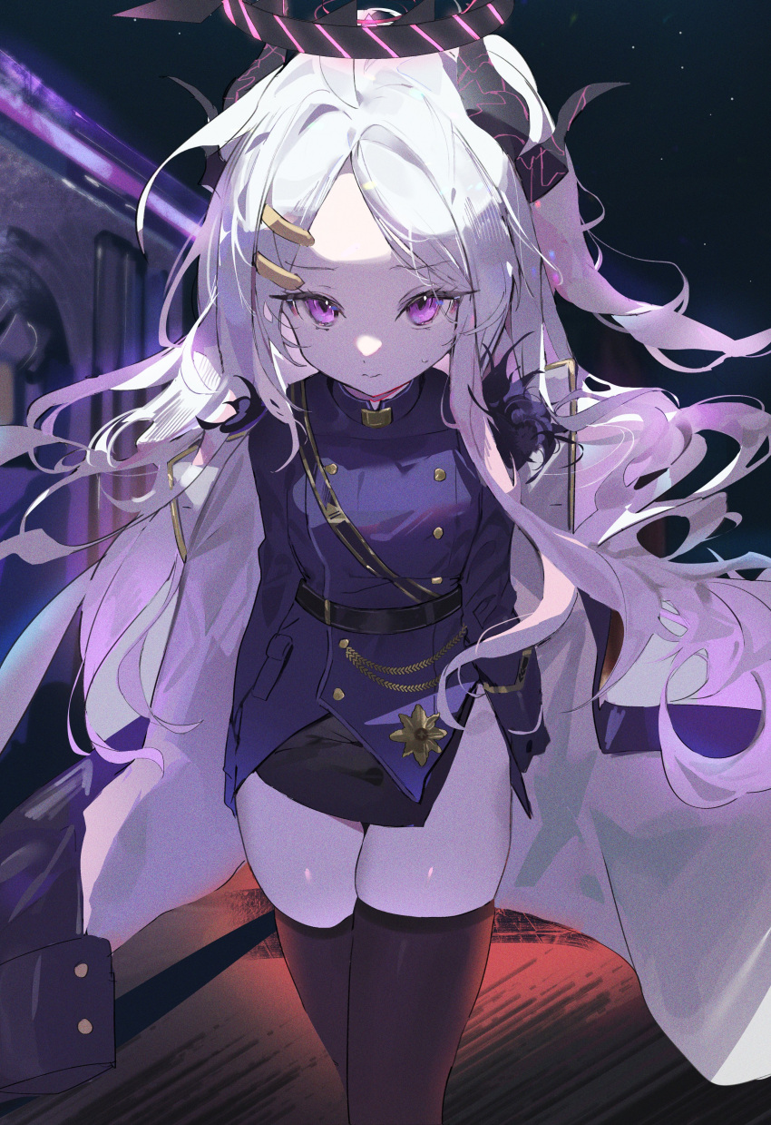 1girl absurdres ahoge black_gloves black_skirt blue_archive closed_mouth coat coat_on_shoulders crossed_legs demon_girl demon_horns demon_wings forehead gloves hair_ornament hairclip halo highres hina_(blue_archive) horns looking_at_viewer military_uniform miniskirt night night_sky outdoors parted_bangs ponytail purple_pupils r_aeel shadow skirt sky star_(sky) sweat thigh-highs thighs uniform white_hair wings