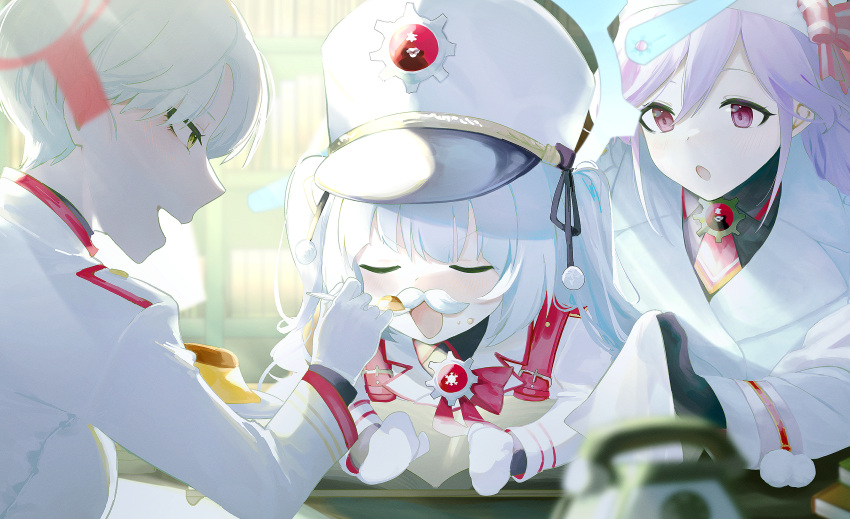 3girls absurdres blonde_hair blue_archive blue_halo blush breasts cherino_(blue_archive) closed_eyes dantyou2525 fake_facial_hair fake_mustache food food_on_face fur_hat halo hat highres holding holding_spoon jacket large_breasts long_hair long_sleeves marina_(blue_archive) multiple_girls open_mouth pink_eyes pink_hair pudding red_halo short_hair smile spoon tomoe_(blue_archive) two_side_up ushanka white_hair white_hat white_jacket yellow_eyes