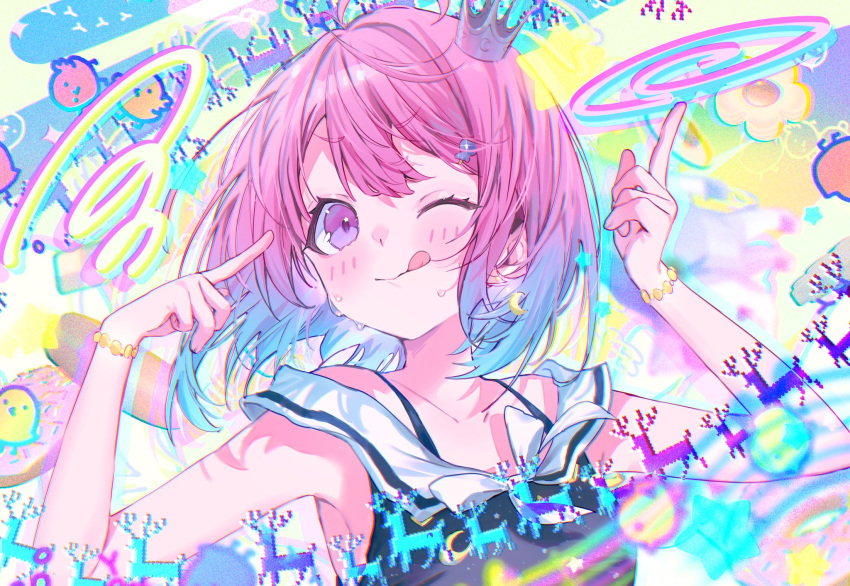 1girl :p ahoge blue_dress blue_hair blush bob_cut bracelet candy_hair_ornament collarbone commentary crescent crescent_earrings crown dress earrings food-themed_hair_ornament gradient_hair hair_between_eyes hair_ornament hairclip hands_up harui_(hr_x9_) highres himemori_luna himemori_luna_(sundress) hololive jewelry medium_hair mini_crown multicolored_hair official_alternate_costume one_eye_closed pink_hair pixelated pointing pointing_up sailor_collar sleeveless sleeveless_dress small_sweatdrop solo spaghetti_strap symbol-only_commentary tilted_headwear tongue tongue_out v-shaped_eyebrows violet_eyes virtual_youtuber white_sailor_collar