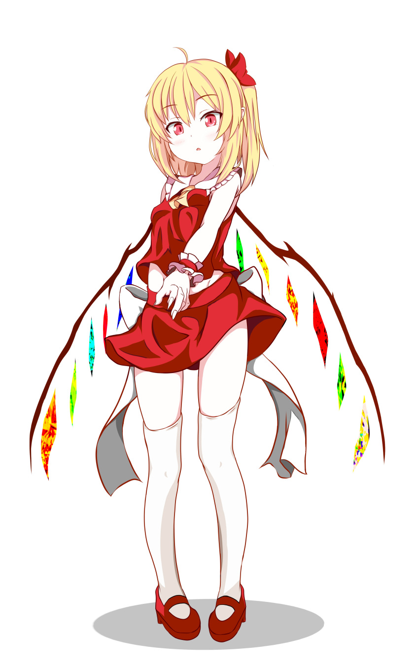 1girl absurdres adapted_costume back_bow blonde_hair bow collared_shirt crystal flandre_scarlet frilled_shirt_collar frills full_body furagu hair_bow highres large_bow looking_at_viewer mary_janes medium_hair miniskirt multicolored_wings no_headwear one_side_up pigeon-toed pointy_ears red_bow red_eyes red_shirt red_skirt shirt shoes simple_background skirt sleeveless sleeveless_shirt solo standing thigh-highs touhou white_background white_bow white_thighhighs wings