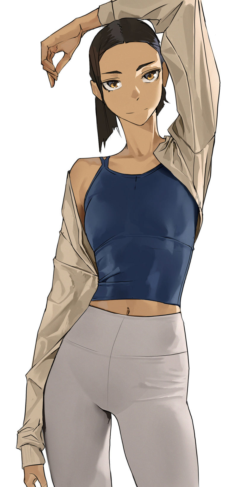 1girl absurdres arm_above_head black_hair blue_tank_top brown_eyes highres looking_at_viewer midriff_peek navel open_clothes open_shirt original pants shirt short_hair simple_background single_bare_shoulder solo standing tank_top tbocart white_background white_pants white_shirt
