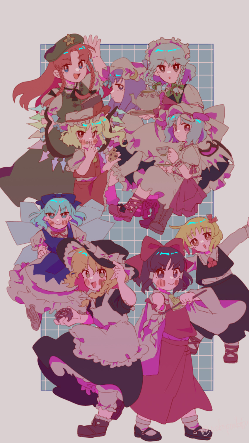 6+girls apron beret blonde_hair blue_eyes blue_hair braid cirno cowboy_shot crystal_wings cup dress flandre_scarlet frilled_dress frills full_body hakurei_reimu hat highres holding holding_cup hong_meiling izayoi_sakuya kirisame_marisa long_hair looking_at_viewer maid maid_apron maid_headdress medium_hair multiple_girls nontraditional_miko open_mouth patchouli_knowledge red_eyes remilia_scarlet rumia short_hair smile touhou twin_braids upper_body user_pkhn3427 witch_hat