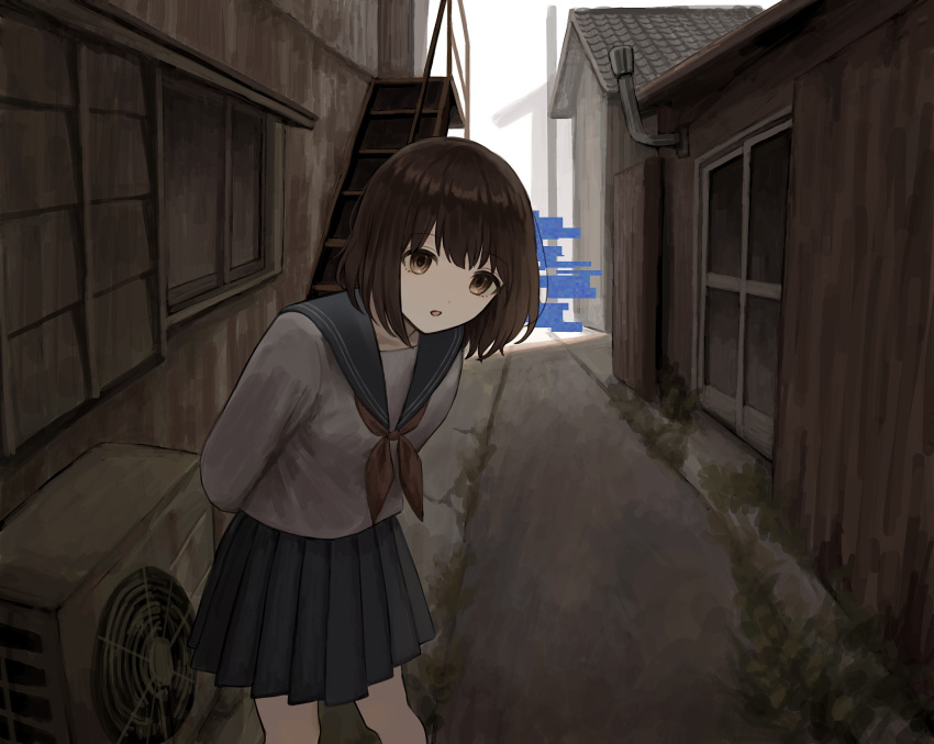 1girl alley arms_behind_back brown_eyes brown_hair building commentary condenser_unit feet_out_of_frame glitch grey_sailor_collar grey_skirt highres kiro_(ntcm8883) long_sleeves looking_at_viewer medium_hair neckerchief original outdoors parted_lips pleated_skirt red_neckerchief sailor_collar school_uniform serafuku shirt skirt solo standing white_shirt